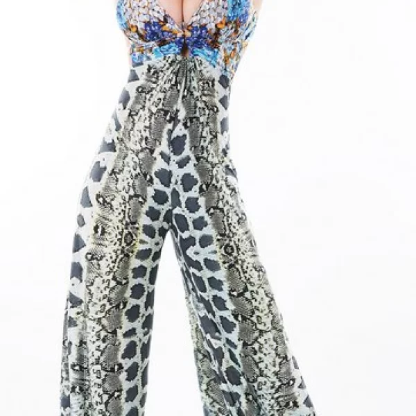 Ολόσωμη εμπριμέ φόρμα με βαθύ ντεκολτέ - Πράσινο/Μπλε 31046-Πρασινο