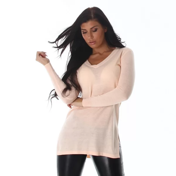 61161 LX Μακρύ πουλόβερ με V - Σομόν-Ροζ