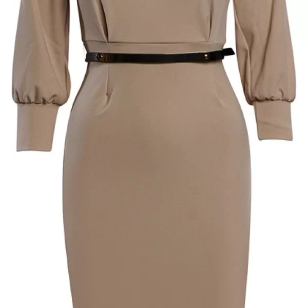 Κομψό μίντι φόρεμα με ζώνη - Μπέζ 52617-Μπεζ