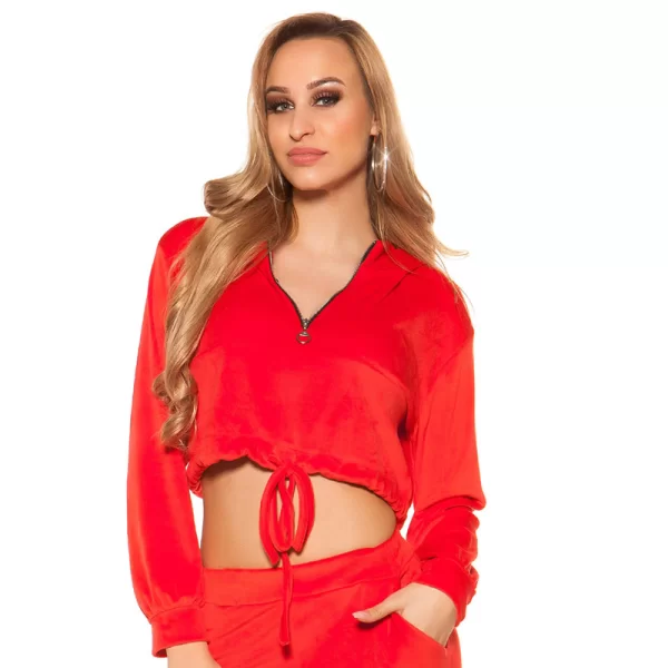 41998 FS Βελουτέ crop τοπ κουκούλα - Κόκκινο-Κοκκινο