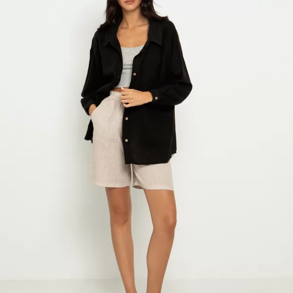 Πουκάμισο από λινό & cotton - ΜΑΥΡΟ