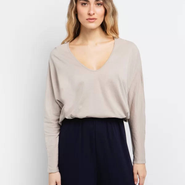 Βαμβακερή μπλούζα με V - ΣΚΟΥΡΟ ΜΠΕΖ