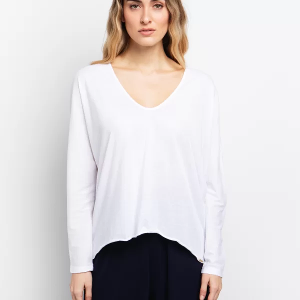Βαμβακερή μπλούζα με V - ΥΠΟΛΕΥΚΟ