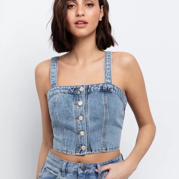 Denim crop τοπ με κουμπιά - ΜΕΣΑΙΟ ΜΠΛΕ