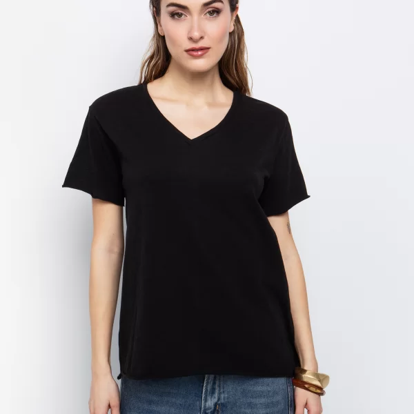 Ασύμμετρο t-shirt με V - ΜΑΥΡΟ