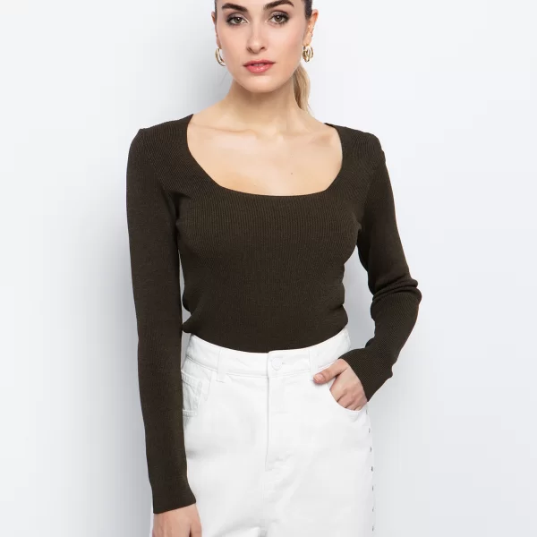 Rib μπλούζα με τετράγωνη λαιμόκοψη - ΧΑΚΙ