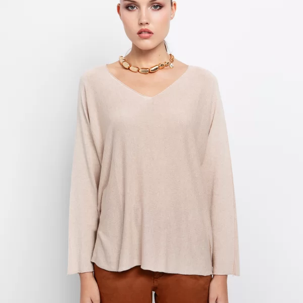 Oversized πλεκτή μπλούζα με V - ΜΠΕΖ