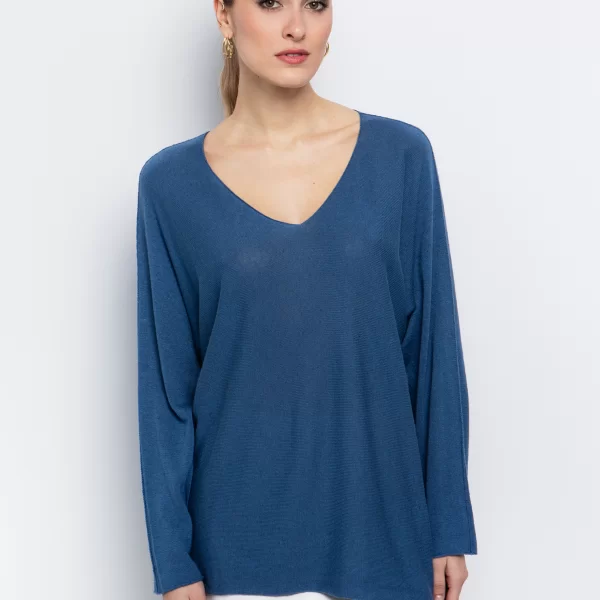 Oversized πλεκτή μπλούζα με V - ΣΙΕΛ