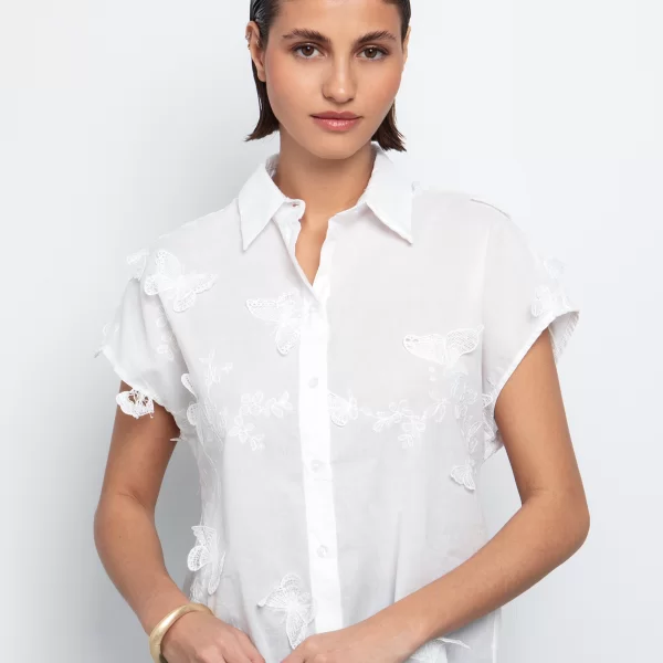 Πουκάμισο με κέντημα-πεταλούδες - ΛΕΥΚΟ