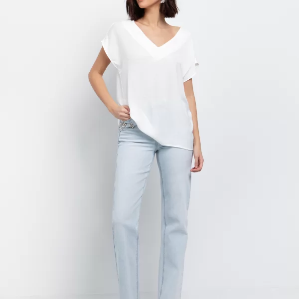 Ασύμμετρη μπλούζα με V - ΥΠΟΛΕΥΚΟ