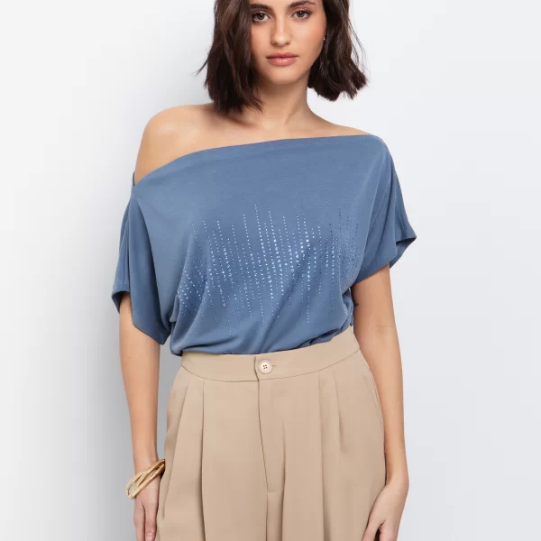 One shoulder μπλούζα με strass - ΜΠΛΕ INDIGO