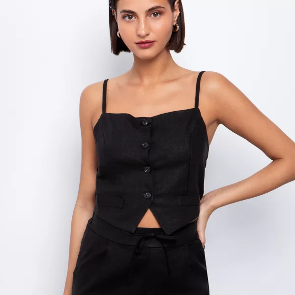 Τοπ-γιλέκο με μείγμα από λινό - ΜΑΥΡΟ