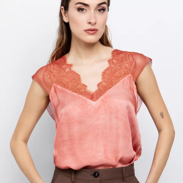 Σατέν μπλούζα tie dye με δαντέλα - ΚΟΡΑΛΙ