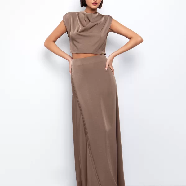 Crop top με ντραπέ λαιμό - ΣΚΟΥΡΟ ΜΠΕΖ