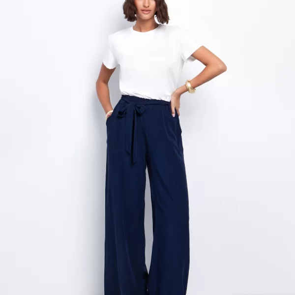 Wide leg παντελόνι με ζώνη - ΜΠΛΕ NAVY
