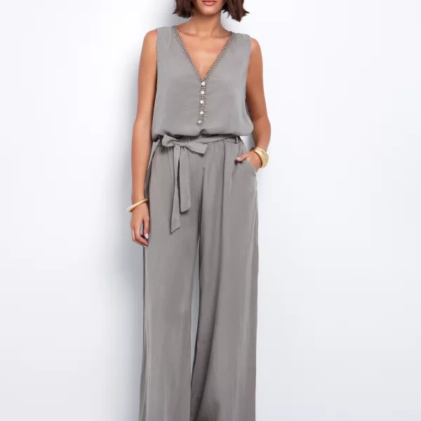 Wide leg παντελόνι με ζώνη - ΣΚΟΥΡΟ ΜΠΕΖ