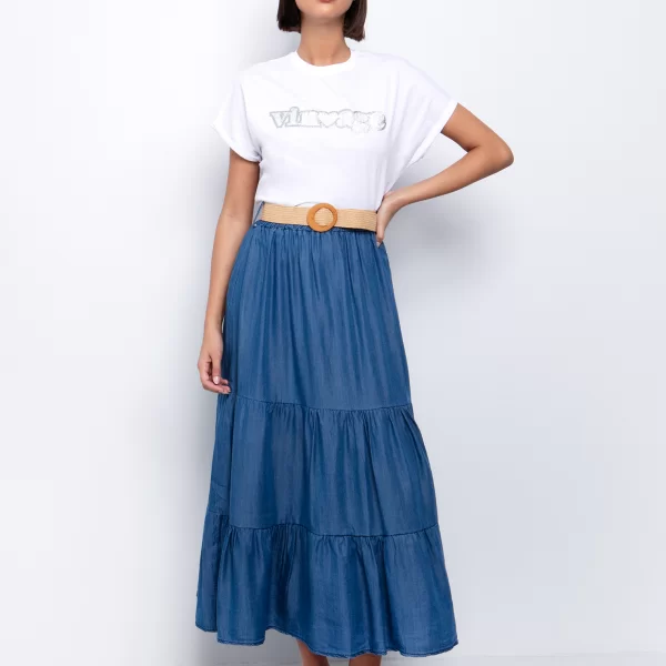 Denim όψη φούστα με ζώνη - ΜΕΣΑΙΟ ΜΠΛΕ
