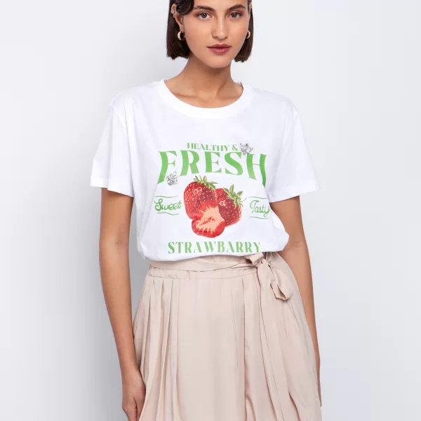 T-shirt με στάμπα φράουλα - ΛΕΥΚΟ