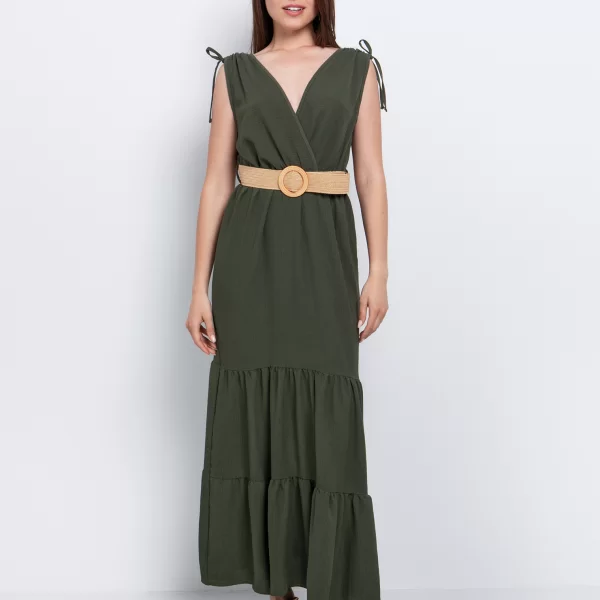 Φόρεμα με κορδόνια & ζώνη - ΧΑΚΙ