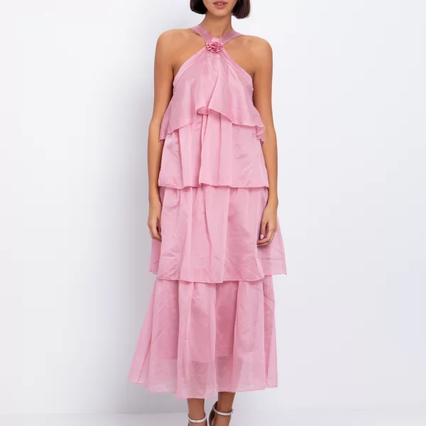 Μάξι φόρεμα με βολάν - ΡΟΖ