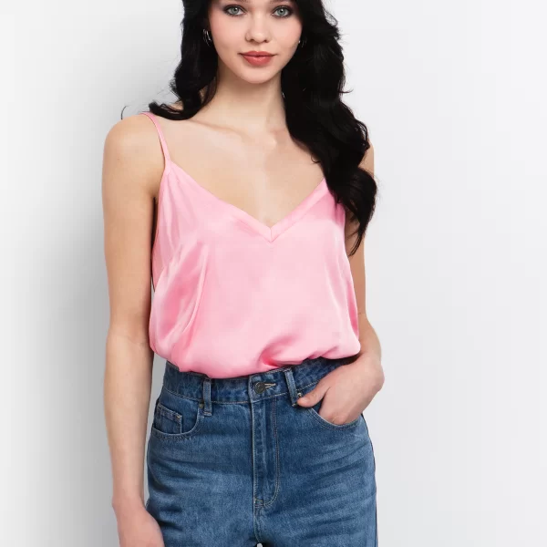 Satin τοπ με V - ΡΟΖ