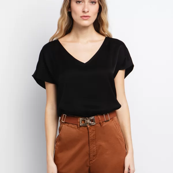 Viscose-σατινέ μπλούζα με V - ΜΑΥΡΟ