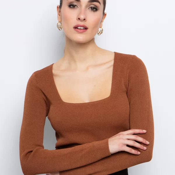 Rib μπλούζα με τετράγωνη λαιμόκοψη - ΚΑΡΑΜΕΛΑ