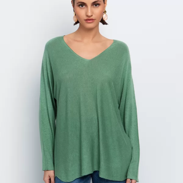 Oversized πλεκτή μπλούζα με V - ΜΕΝΤΑ