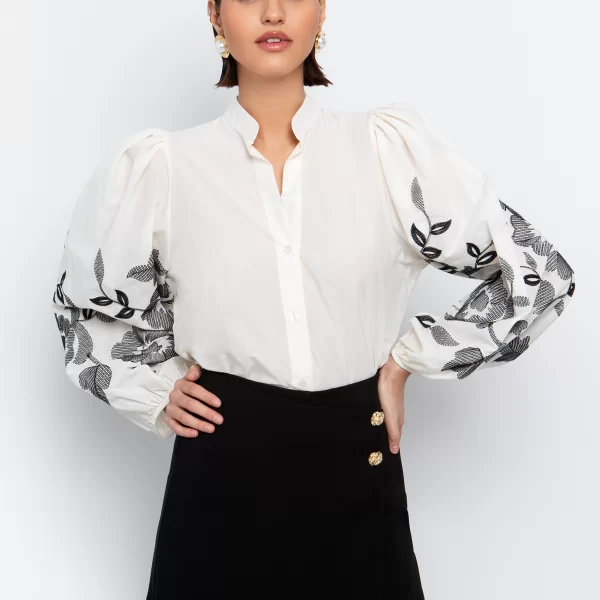 Πουκάμισο με balloon κεντημένα μανίκια - ΥΠΟΛΕΥΚΟ