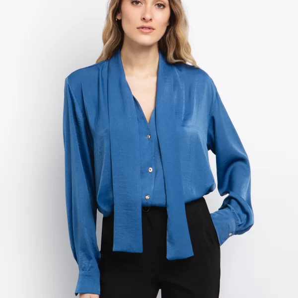 Satin πουκάμισο με κορδέλα - ΜΠΛΕ