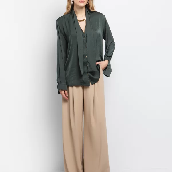 Satin πουκάμισο με κορδέλα - ΧΑΚΙ