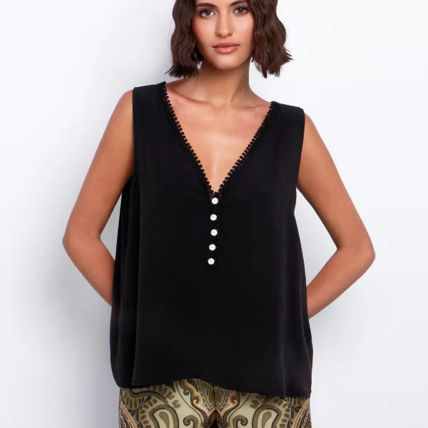 Τοπ με crochet-V & κουμπιά - ΜΑΥΡΟ