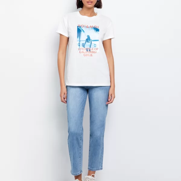 T shirt με στάμπα & strass επιγραφή - ΥΠΟΛΕΥΚΟ