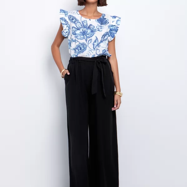 Wide leg παντελόνι με ζώνη - ΜΑΥΡΟ