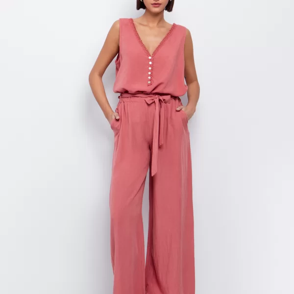 Wide leg παντελόνι με ζώνη - ΒΡΩΜ.ΚΟΡΑΛΙ