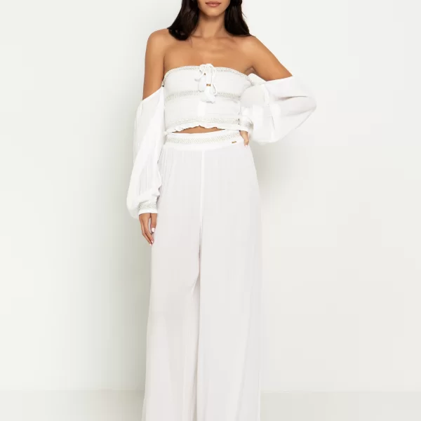 Full length παντελόνα με χρυσοκλωστή - ΛΕΥΚΟ