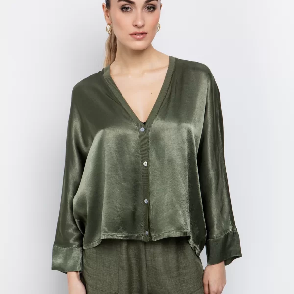 Σατινέ μπλούζα με κουμπιά - ΧΑΚΙ
