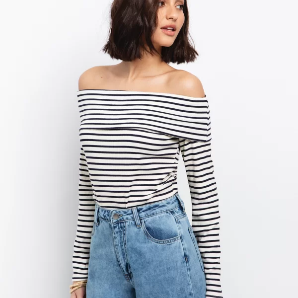 Off the shoulder μπλούζα ριγέ - ΡΙΓΕ ΜΠΛΕ