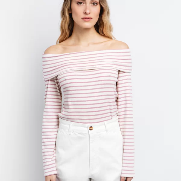 Off the shoulder μπλούζα ριγέ - ΡΙΓΕ ΡΟΖ