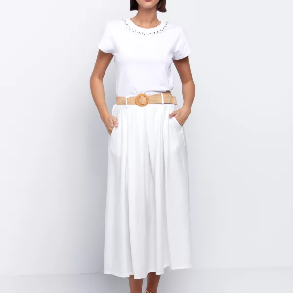 Midi φούστα με ζώνη & τσέπες - ΛΕΥΚΟ