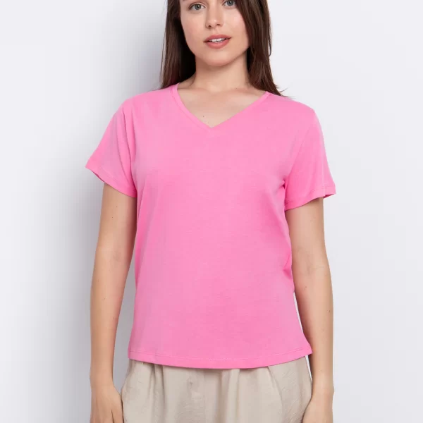 Ασύμμετρη μπλούζα με V - ΦΟΥΞΙΑ