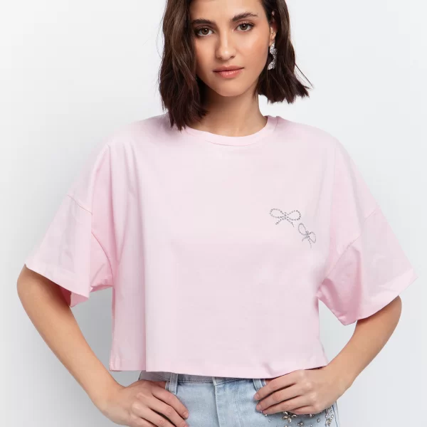 T-shirt με φιογκάκια strass - ΡΟΖ