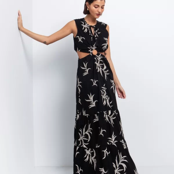 Maxi φόρεμα με κεντημένα φύλλα - ΜΑΥΡΟ