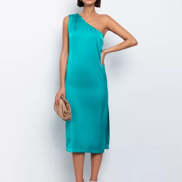 One shoulder φόρεμα σε σατέν όψη - ΣΜΑΡΑΓΔΙ