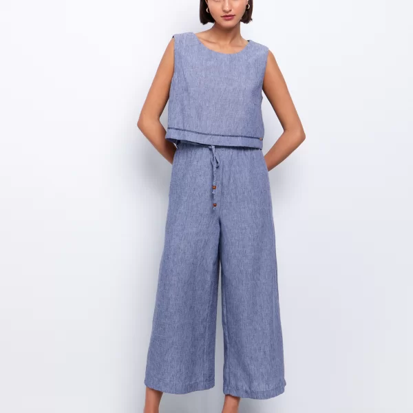 Wide-leg παντελόνι με κορδόνι - ΜΠΛΕ