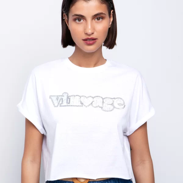 T-shirt με στάμπα με γκλίτερ - ΛΕΥΚΟ