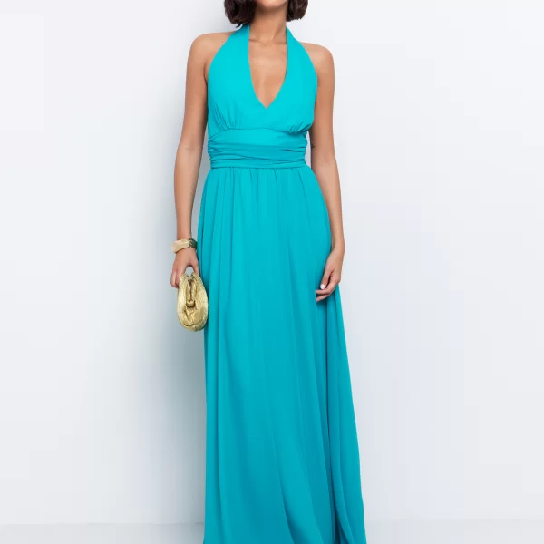 Halter μάξι φόρεμα ντραπέ - ΣΜΑΡΑΓΔΙ
