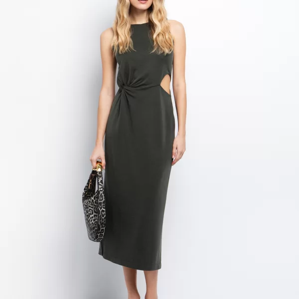 Midi φόρεμα με cut out & κόμπο - ΧΑΚΙ