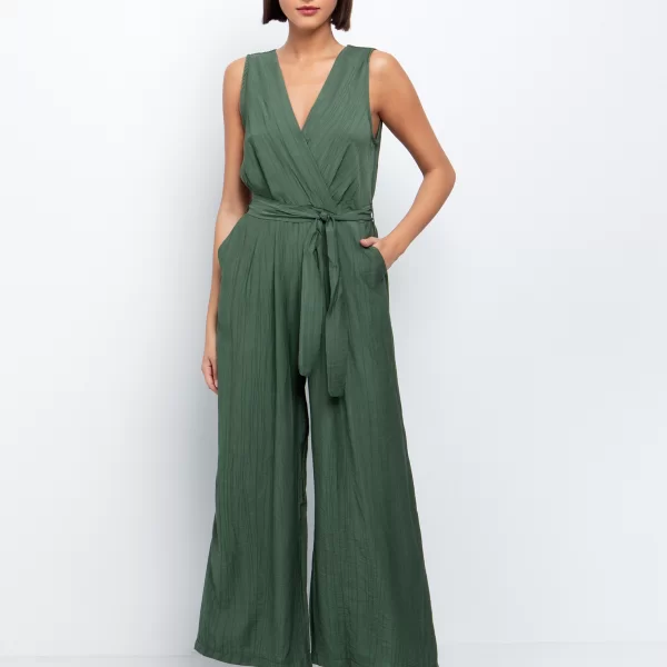 Crop oλόσωμη φόρμα με ζώνη - ΧΑΚΙ