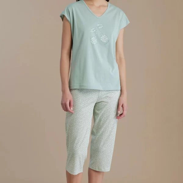 Γυναικεία Πιτζάμα Noidinotte Κάπρι “Cherry Bloom” Plus Size Μέντα